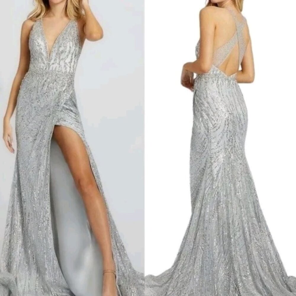 Mac Duggal Sequin Silver Illusion Back Crystal Crisscross Back Gown Plus Size 14